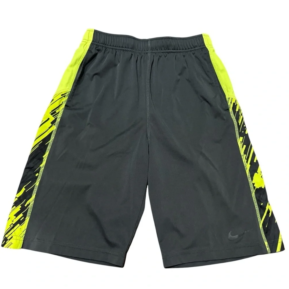 NIKE Dri Fit Boys Basketball Athletic Shorts Black Neon Green Size Large